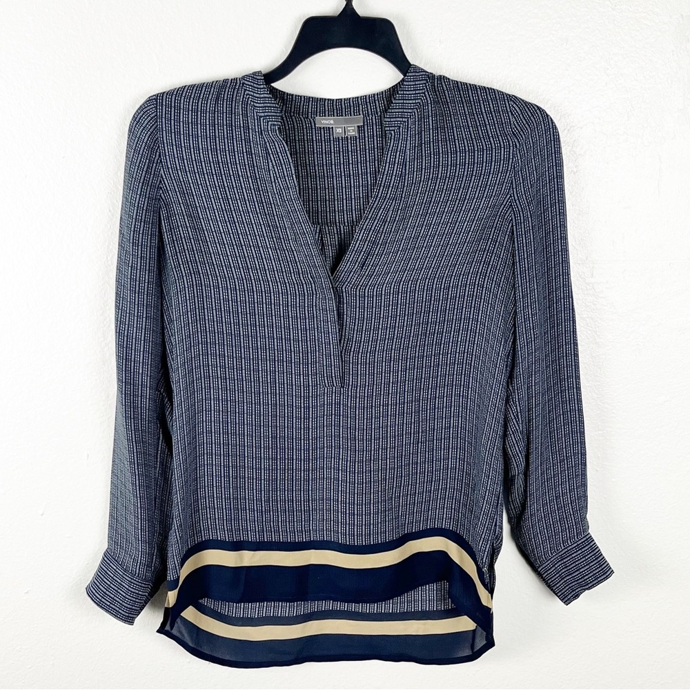 VINCE 100% Silk Blue Sheer Long Sleeves Hidden Button Panel Blouse, Size XS